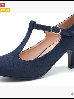 Navy Blue Suede T-Strap Mary Jane Pumps Low Kitten Heel Retro Vintage